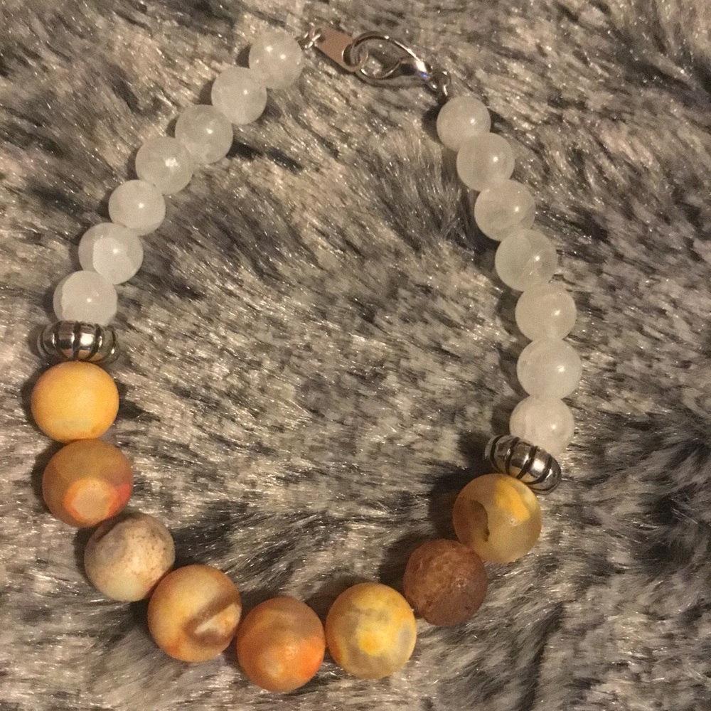 Shades of Orange Fire Agate bracelet w/Snow Quartz